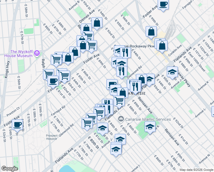 map of restaurants, bars, coffee shops, grocery stores, and more near 638 East 87th Street in Brooklyn