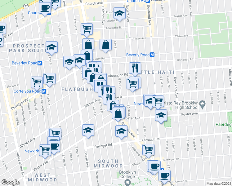 map of restaurants, bars, coffee shops, grocery stores, and more near 2564 Bedford Avenue in Brooklyn