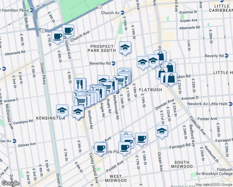 map of restaurants, bars, coffee shops, grocery stores, and more near 390 East 16th Street in Brooklyn