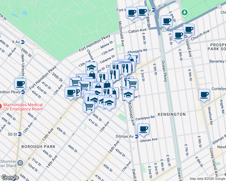 map of restaurants, bars, coffee shops, grocery stores, and more near 1416 35th Street in Brooklyn