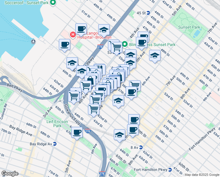 map of restaurants, bars, coffee shops, grocery stores, and more near 452 58th Street in Brooklyn
