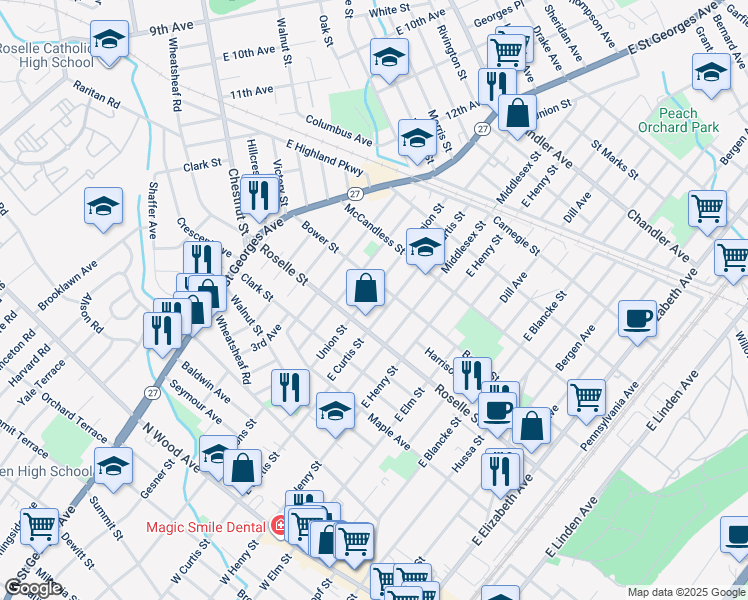 map of restaurants, bars, coffee shops, grocery stores, and more near 614 Union Street in Linden