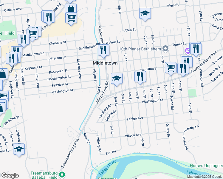 map of restaurants, bars, coffee shops, grocery stores, and more near 1818 1st Street in Bethlehem
