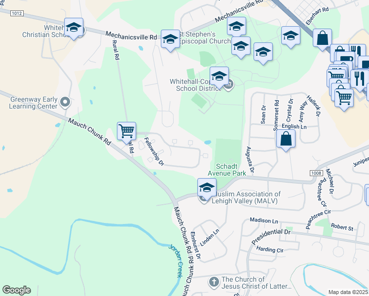 map of restaurants, bars, coffee shops, grocery stores, and more near 3000 Fellowship Drive in Lehigh County
