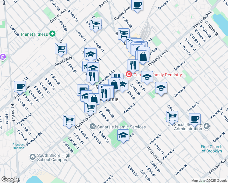 map of restaurants, bars, coffee shops, grocery stores, and more near 9031 Flatlands Avenue in Brooklyn