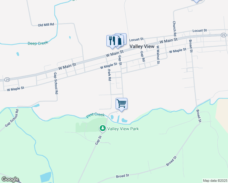 map of restaurants, bars, coffee shops, grocery stores, and more near 324 Park Road in Valley View