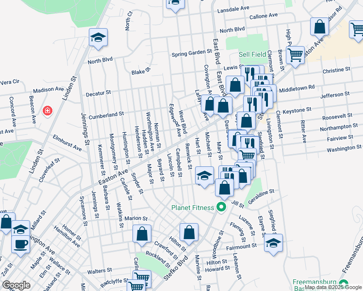 map of restaurants, bars, coffee shops, grocery stores, and more near 2234 Easton Avenue in Bethlehem