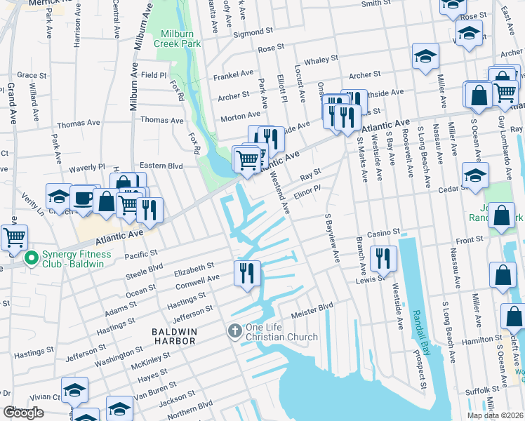 map of restaurants, bars, coffee shops, grocery stores, and more near 116 Westend Avenue in Freeport