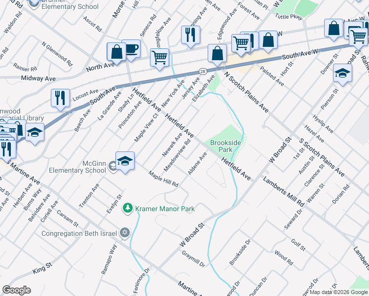 map of restaurants, bars, coffee shops, grocery stores, and more near 2125 Cheyenne Way in Scotch Plains