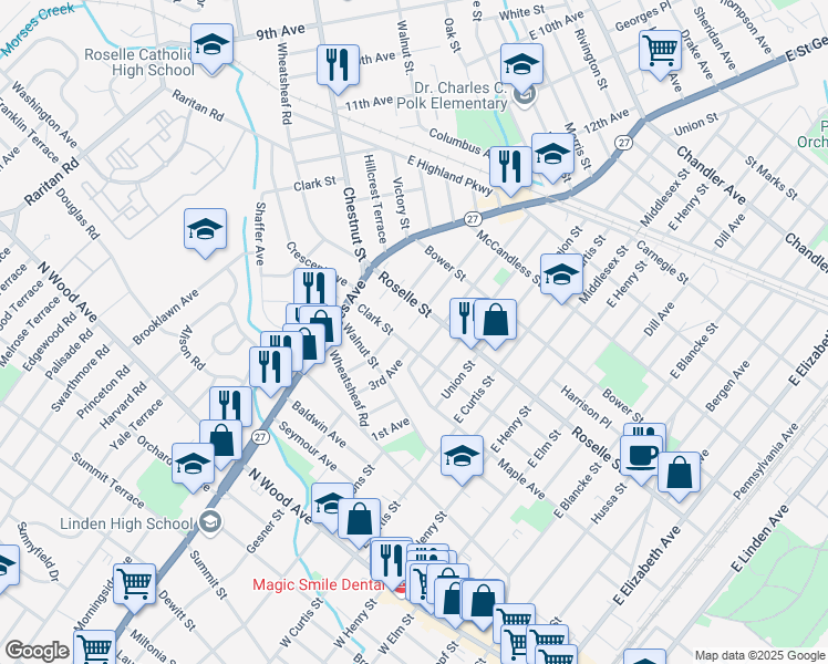 map of restaurants, bars, coffee shops, grocery stores, and more near 512 Van Buren Avenue in Linden