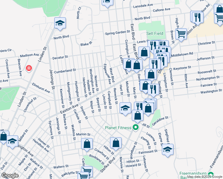 map of restaurants, bars, coffee shops, grocery stores, and more near 2234 Easton Avenue in Bethlehem