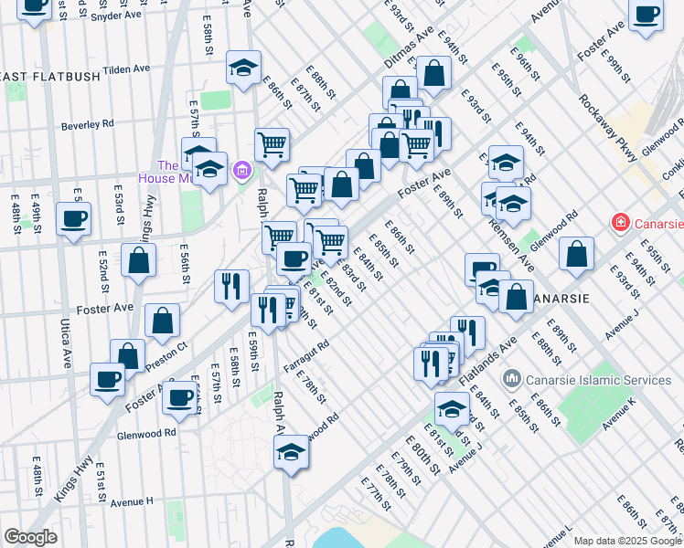 map of restaurants, bars, coffee shops, grocery stores, and more near 557 East 83rd Street in Brooklyn