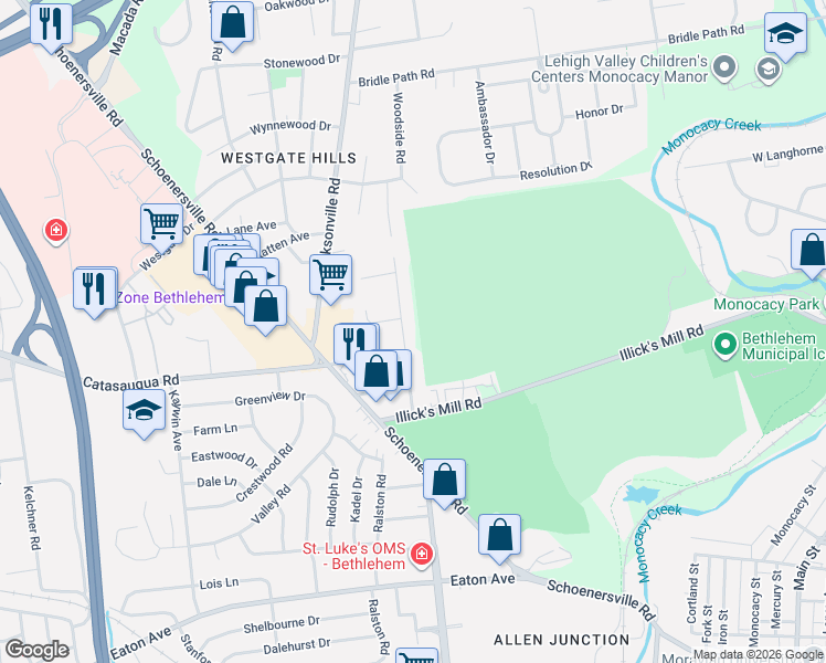 map of restaurants, bars, coffee shops, grocery stores, and more near 1860 Rosewood Drive in Bethlehem