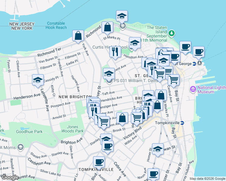 map of restaurants, bars, coffee shops, grocery stores, and more near 57 Taft Avenue in Staten Island