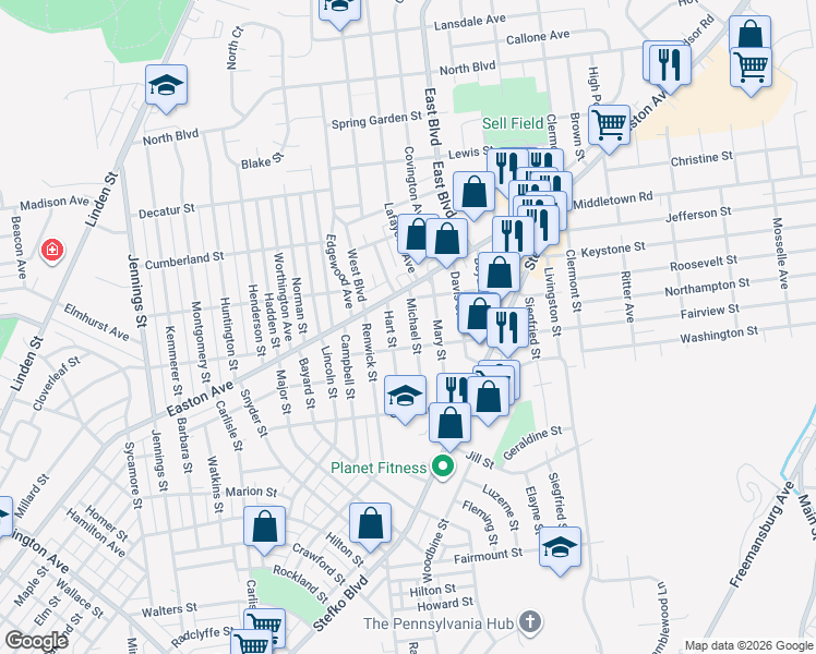 map of restaurants, bars, coffee shops, grocery stores, and more near 2020 Hart Street in Bethlehem