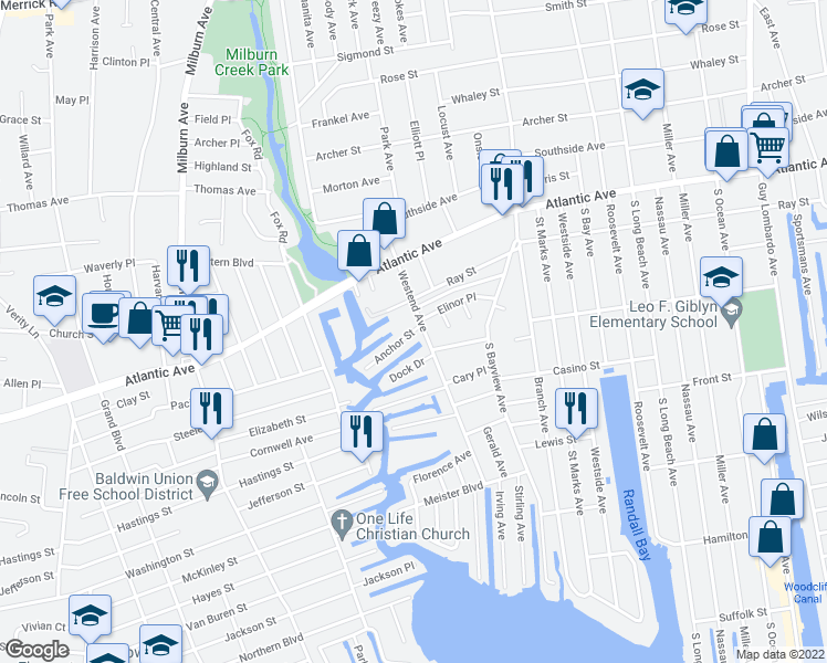 map of restaurants, bars, coffee shops, grocery stores, and more near 47 Anchor Street in Freeport