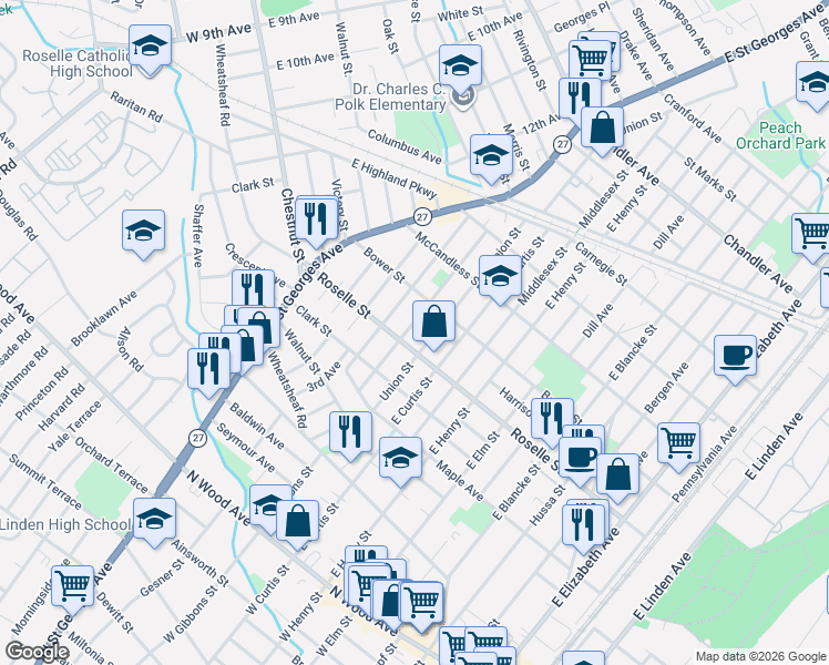 map of restaurants, bars, coffee shops, grocery stores, and more near 614 Union Street in Linden