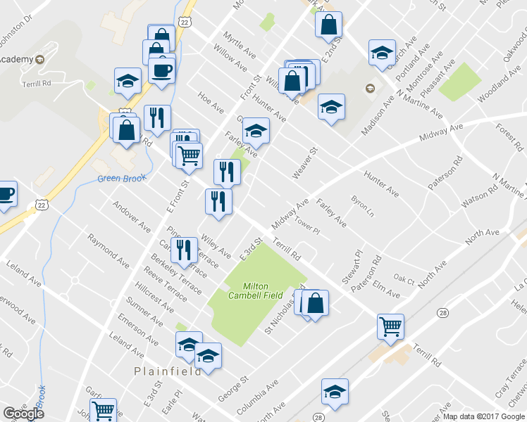 map of restaurants, bars, coffee shops, grocery stores, and more near 520 Martin Pl in Scotch Plains