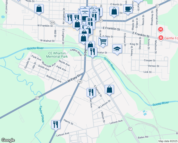 map of restaurants, bars, coffee shops, grocery stores, and more near 125 West Espy Street in Kenton