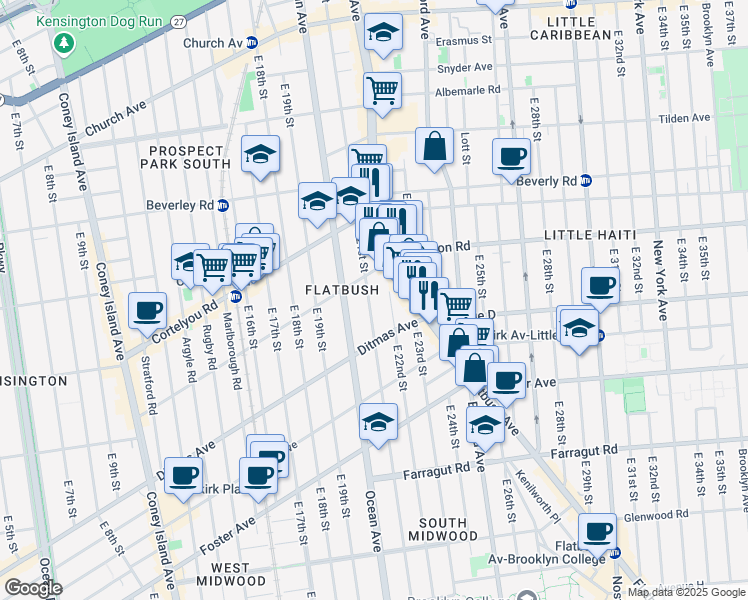 map of restaurants, bars, coffee shops, grocery stores, and more near 533 East 21st Street in Brooklyn