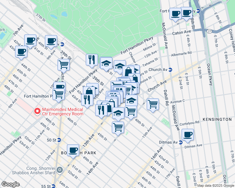 map of restaurants, bars, coffee shops, grocery stores, and more near 1238 39th Street in Brooklyn