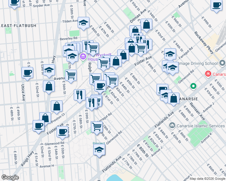 map of restaurants, bars, coffee shops, grocery stores, and more near 523 East 82nd Street in Brooklyn
