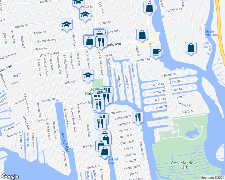 map of restaurants, bars, coffee shops, grocery stores, and more near 222 Sportsmans Avenue in Freeport
