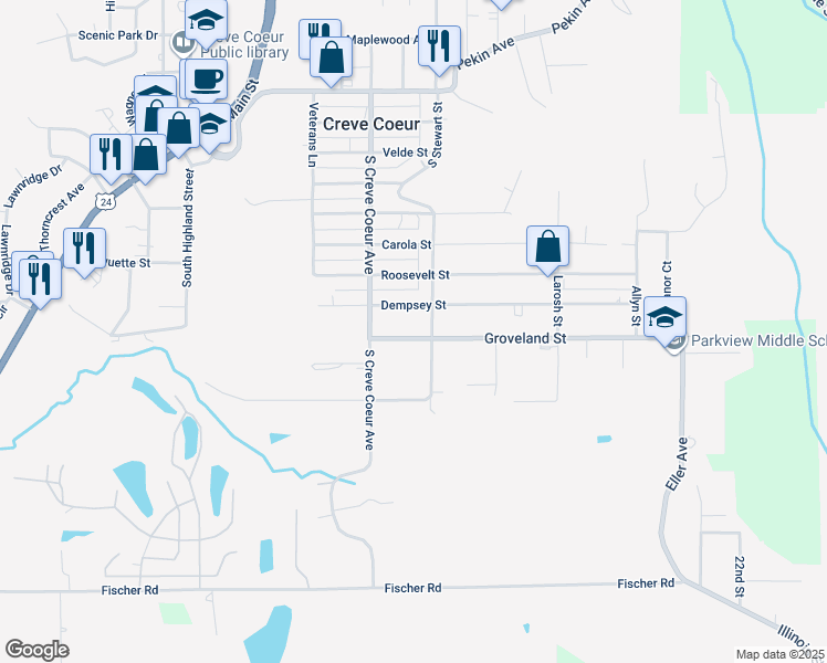 map of restaurants, bars, coffee shops, grocery stores, and more near 445 Groveland Street in Creve Coeur