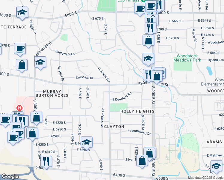 map of restaurants, bars, coffee shops, grocery stores, and more near 739 Shiloh Way in Murray