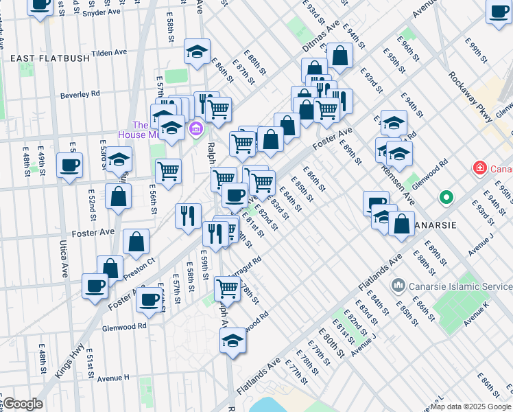 map of restaurants, bars, coffee shops, grocery stores, and more near 523 East 82nd Street in Brooklyn