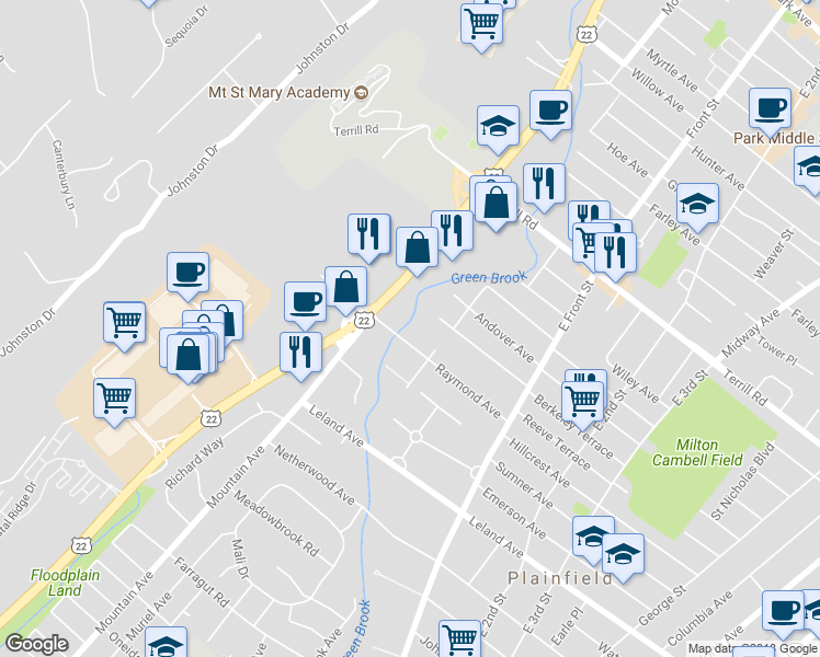 map of restaurants, bars, coffee shops, grocery stores, and more near 96 Raymond Ave in Plainfield