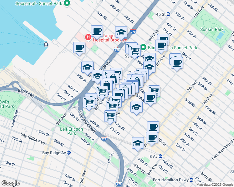 map of restaurants, bars, coffee shops, grocery stores, and more near 452 58th Street in Brooklyn