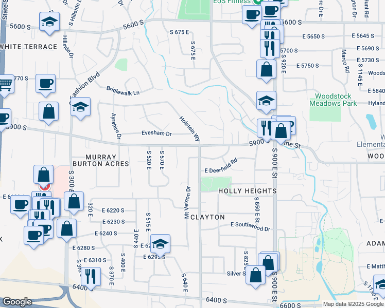 map of restaurants, bars, coffee shops, grocery stores, and more near 715 Shiloh Way in Murray