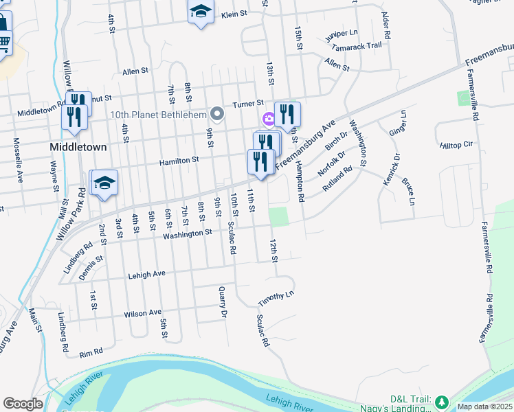 map of restaurants, bars, coffee shops, grocery stores, and more near 1726 11th Street in Bethlehem