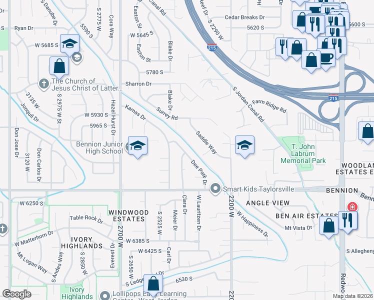 map of restaurants, bars, coffee shops, grocery stores, and more near 6061 Dee Park Drive in Salt Lake City