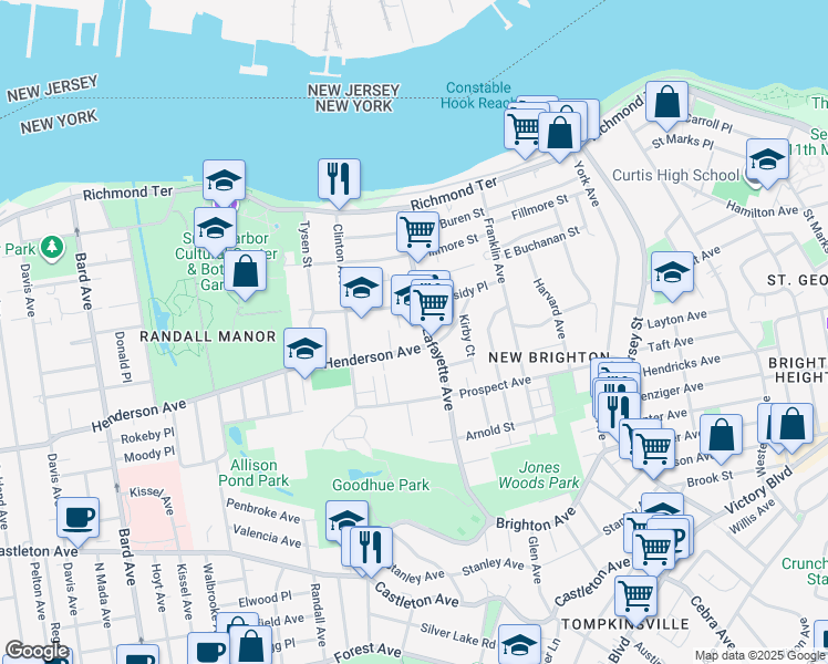 map of restaurants, bars, coffee shops, grocery stores, and more near 91 Henderson Avenue in Staten Island