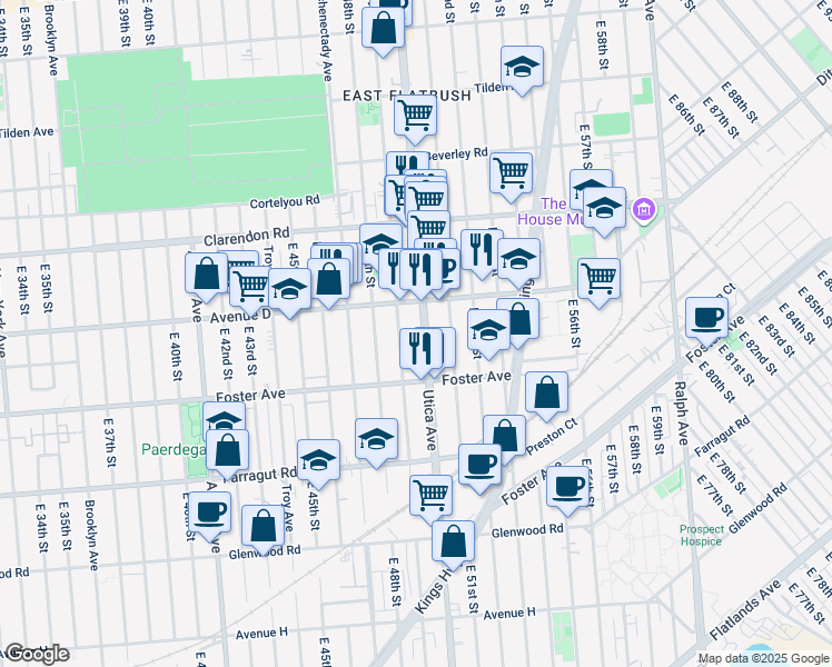map of restaurants, bars, coffee shops, grocery stores, and more near 1291 Utica Avenue in Brooklyn