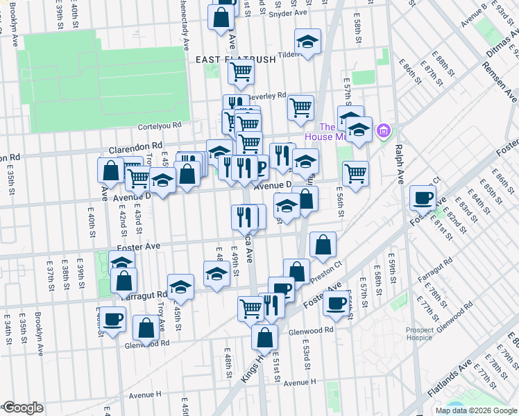 map of restaurants, bars, coffee shops, grocery stores, and more near 1291 Utica Avenue in Brooklyn
