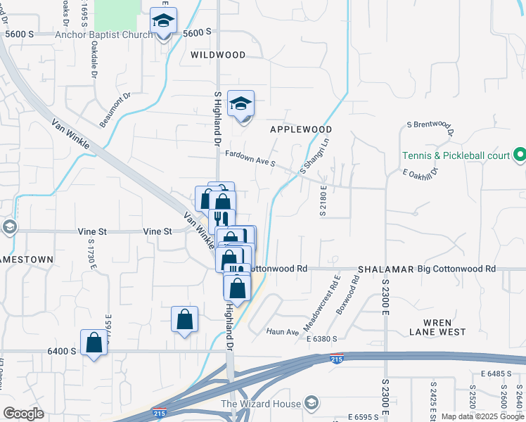 map of restaurants, bars, coffee shops, grocery stores, and more near 6056 South 2075 East in Holladay