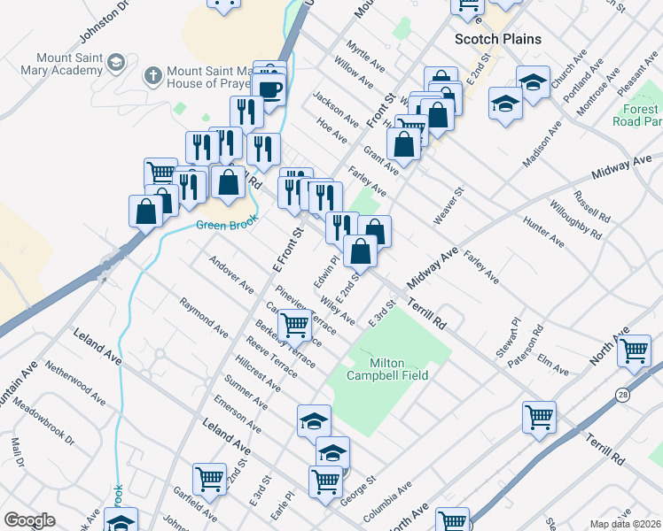 map of restaurants, bars, coffee shops, grocery stores, and more near 1454-56 Edwin Place in Plainfield