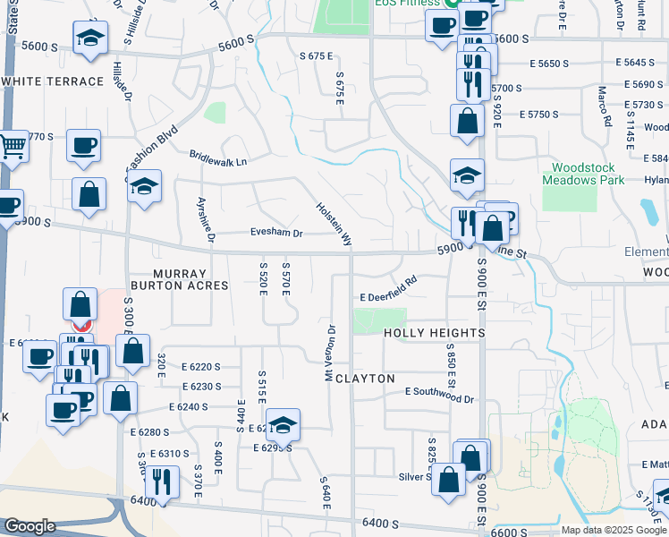 map of restaurants, bars, coffee shops, grocery stores, and more near 715 Shiloh Way in Murray