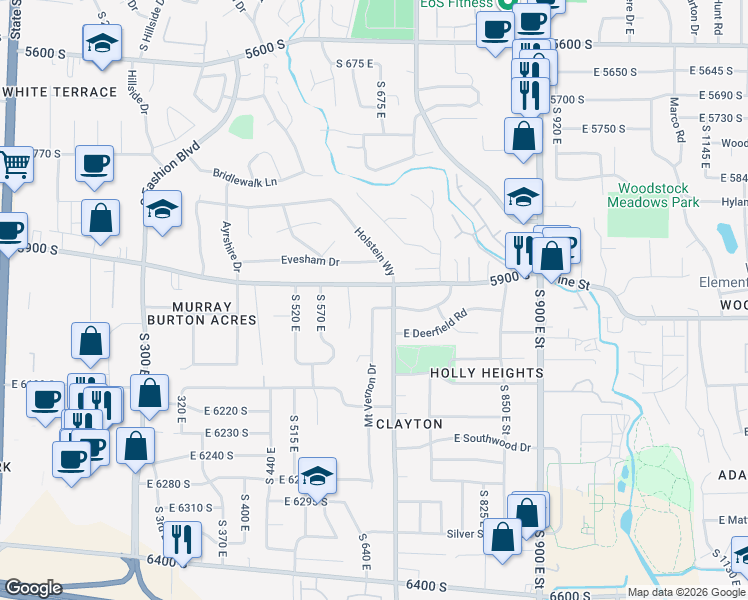 map of restaurants, bars, coffee shops, grocery stores, and more near 715 Shiloh Way in Murray