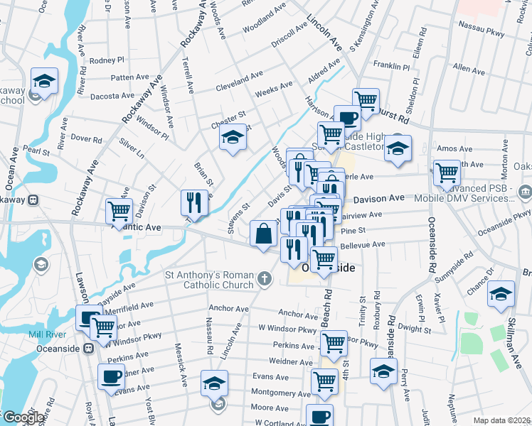 map of restaurants, bars, coffee shops, grocery stores, and more near 2945 Davis Street in Oceanside