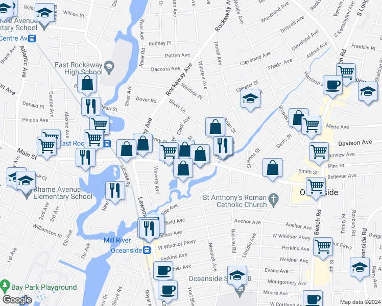 map of restaurants, bars, coffee shops, grocery stores, and more near 2915 Davison Street in Oceanside