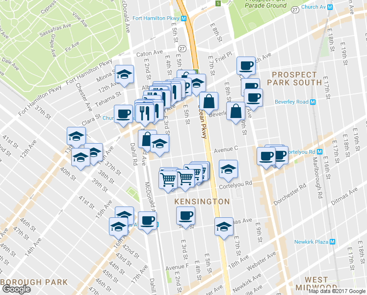 map of restaurants, bars, coffee shops, grocery stores, and more near 433 East 4th Street in Brooklyn