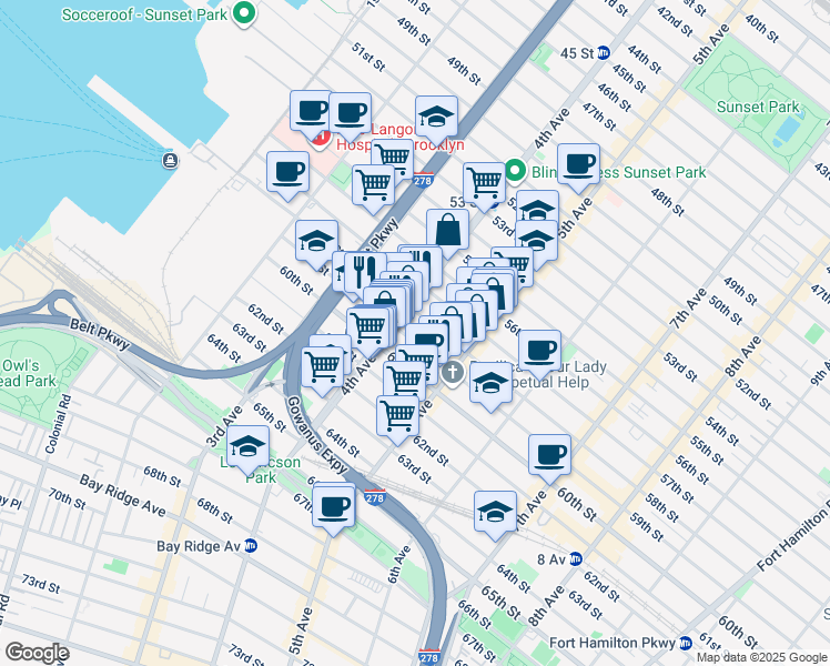 map of restaurants, bars, coffee shops, grocery stores, and more near 414 59th Street in Brooklyn