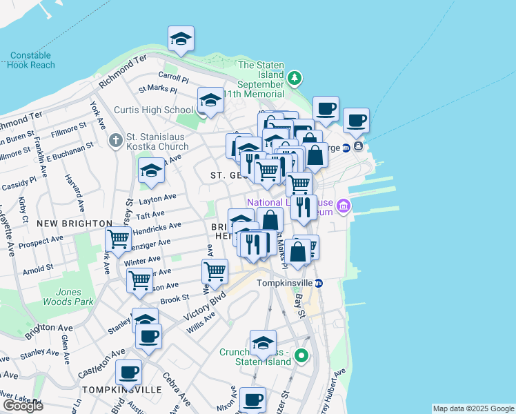 map of restaurants, bars, coffee shops, grocery stores, and more near 36 Montgomery Avenue in Staten Island