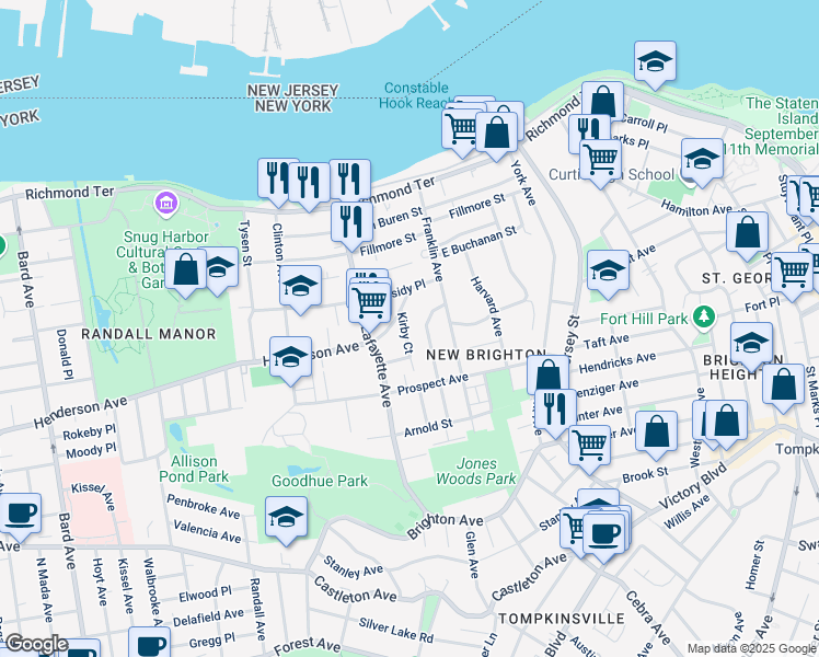 map of restaurants, bars, coffee shops, grocery stores, and more near 42 Pendleton Place in Staten Island
