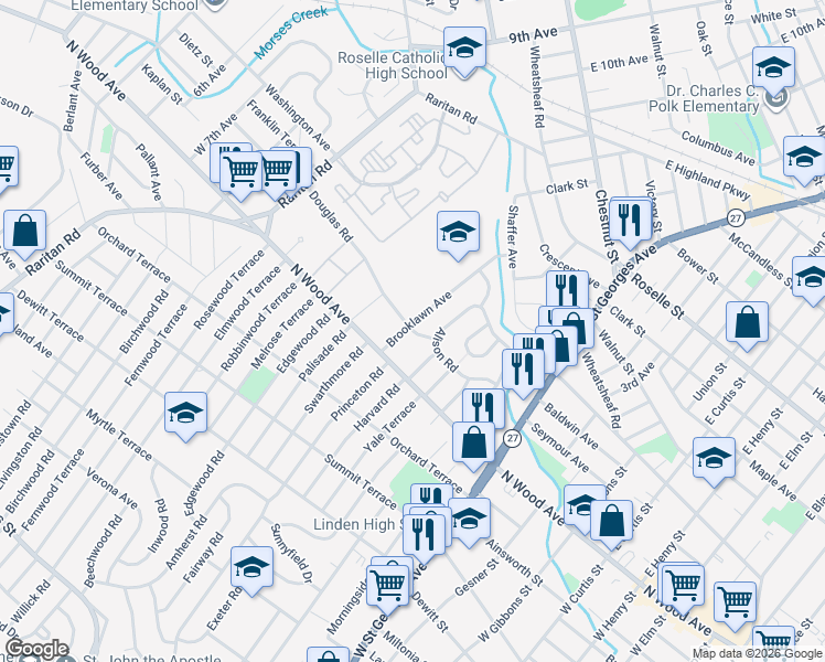 map of restaurants, bars, coffee shops, grocery stores, and more near 505 Brooklawn Avenue in Roselle