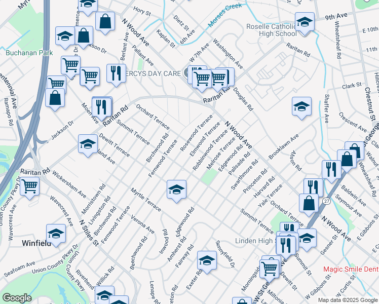 map of restaurants, bars, coffee shops, grocery stores, and more near 122 Elmwood Terrace in Linden